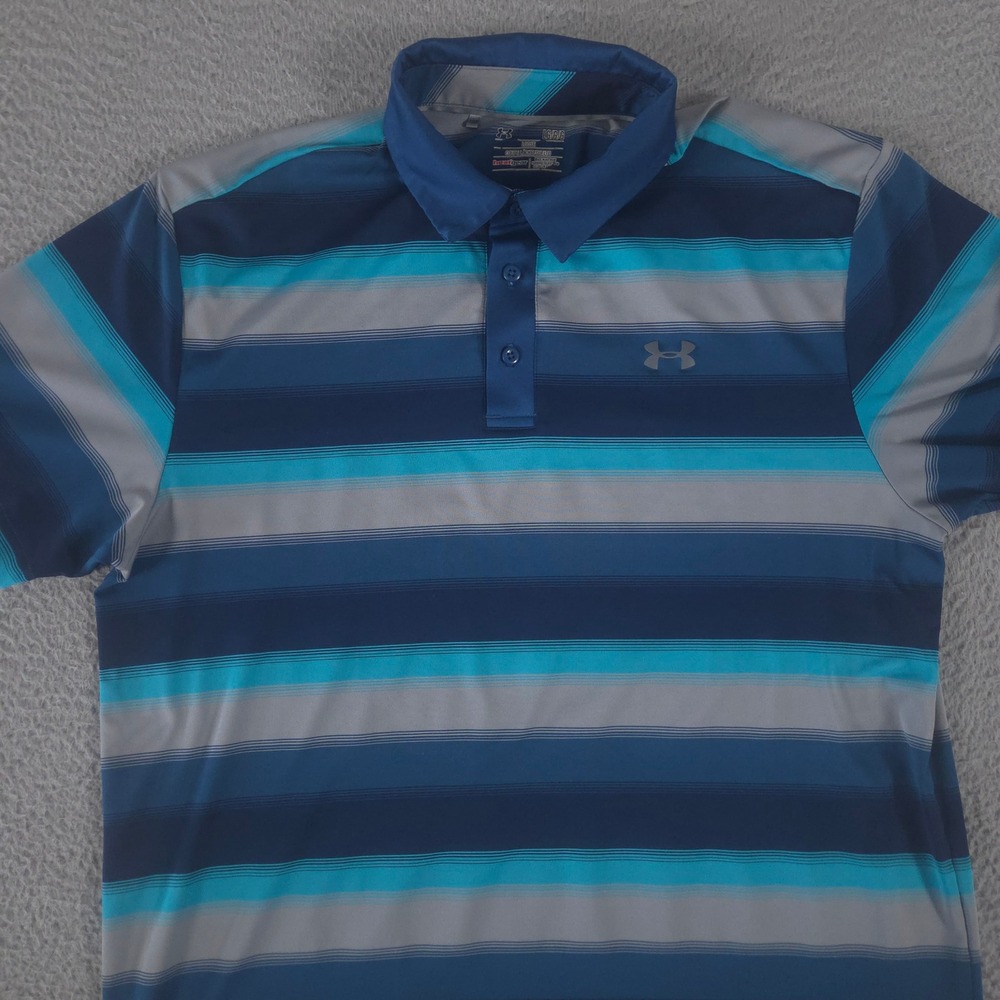 Under Armour Polo Shirt Mens Large Heatgear Loose ColdBlack Striped Short Sleeve